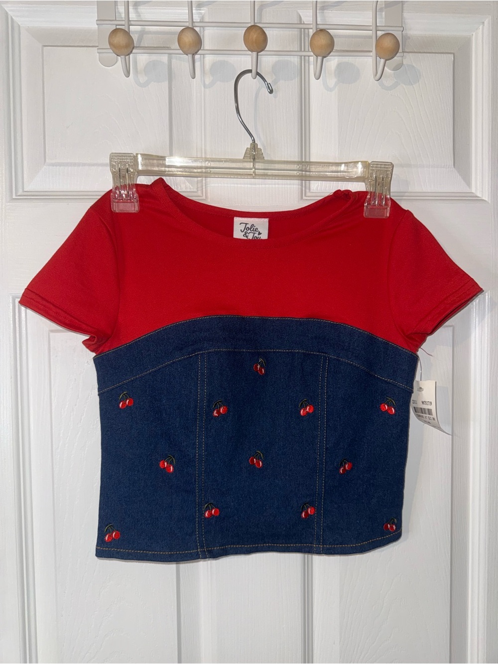 Jolie & Joy Girls Cherry Denim Cotton Red Short Sleeve Shirt Size M 10-12 NWT